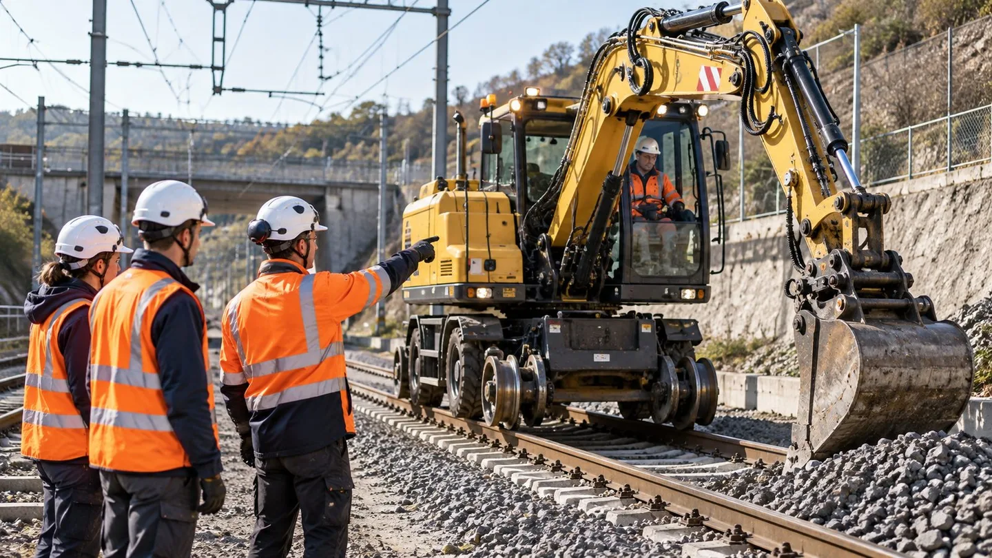 Engin de travaux dans son environnement ferroviaire